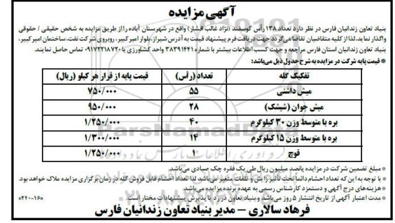 مزایده فروش تعداد 138 راس گوسفند (نژاد غالب افشار)
