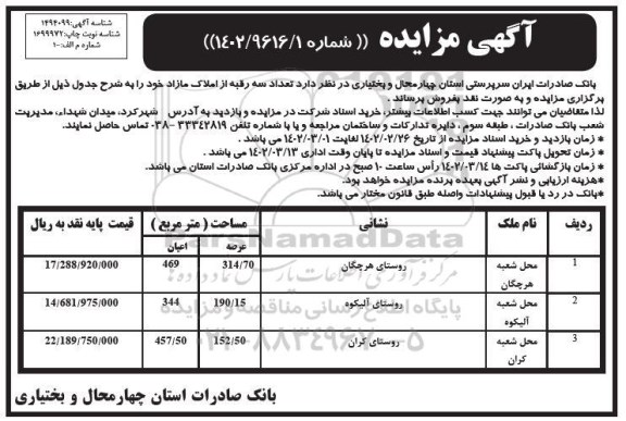 مزایده فروش تعداد سه رقبه از املاک مازاد