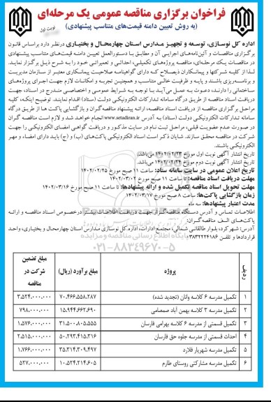 مناقصه تکمیل مدرسه 6 کلاسه .... 