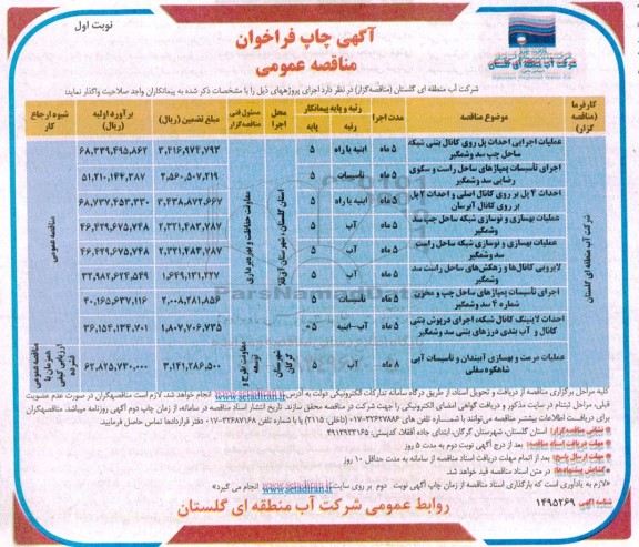فراخوان مناقصه عملیات اجرایی احداث پل روی کانال بتنی شبکه ساحل چپ سد و شمگیر  و...