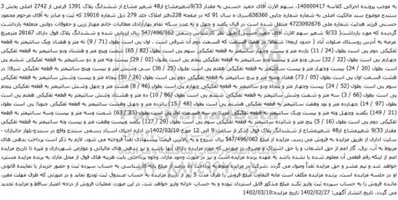 آگهی مزایده مقدار 9/33شعیرمشاع از48 شعیر مشاع از ششدانگ پلاک 1391 فرعی از 2742 اصلی