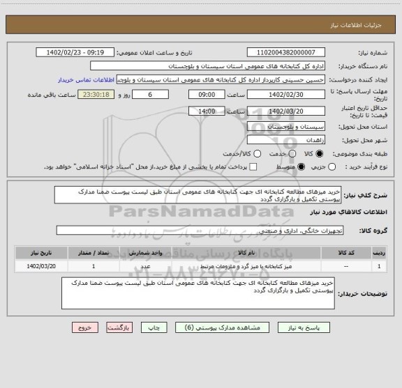 استعلام خرید میزهای مطالعه کتابخانه ای جهت کتابخانه های عمومی استان طبق لیست پیوست ضمنا مدارک پیوستی تکمیل و بارگزاری گردد