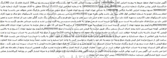 آگهی مزایده یکدستگاه خودرو سیستم پژو تیپ206 کاربری هاچ بک