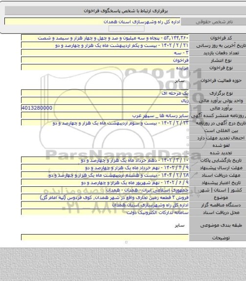 مزایده, فروش ۳ قطعه زمین تجاری واقع در شهر همدان٬ کوی فردوس (تپه امام گل)