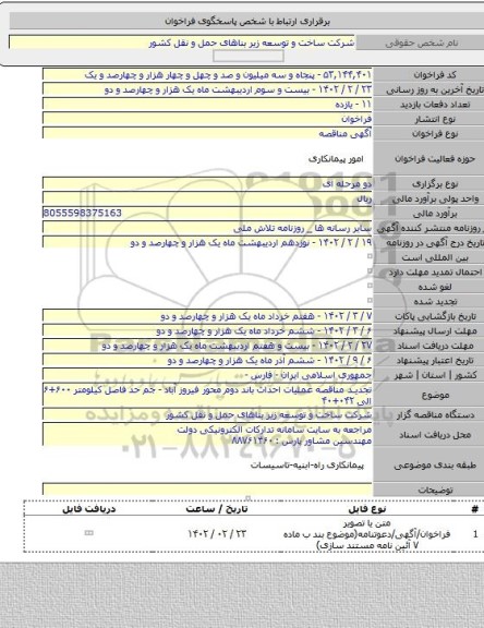 مناقصه, تجدید مناقصه عملیات احداث باند دوم محور فیروز آباد - جم حد فاصل کیلومتر ۶۰۰+۶ الی  ۰۴۲+۴۰