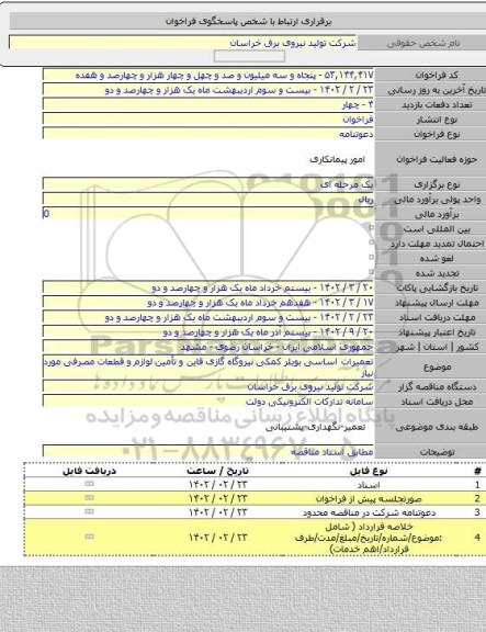 مناقصه, تعمیرات اساسی بویلر کمکی نیروگاه گازی قاین و تأمین لوازم و قطعات مصرفی مورد نیاز