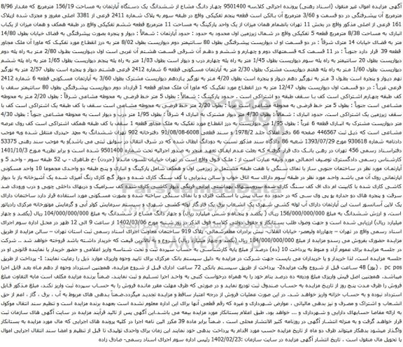 آگهی مزایده چهار دانگ مشاع از ششدانگ یک دستگاه آپارتمان به مساحت 156/19 مترمربع