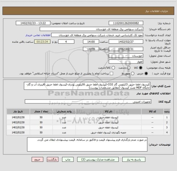 استعلام کپسول اطفا حریق 3کیلویی گاز CO2-کپسول اطفا حریق 6کیلویی پودری-کپسول اطفا حریق 6لیتری آب و گاز-جایگاه MDF نصب کپسول (مطابق مشخصات پیوست)