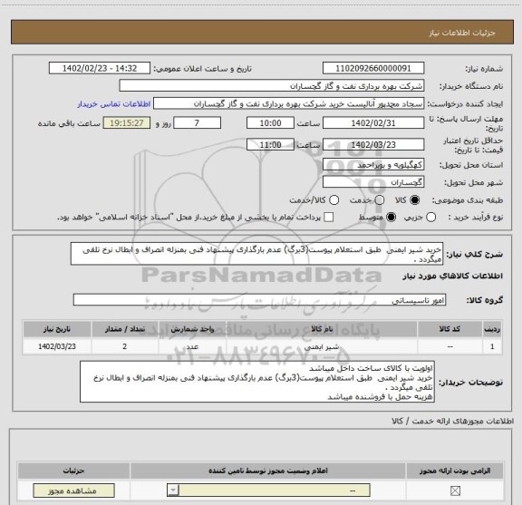 استعلام خرید شیر ایمنی  طبق استعلام پیوست(3برگ) عدم بارگذاری پیشنهاد فنی بمنزله انصراف و ابطال نرخ تلقی میگردد .