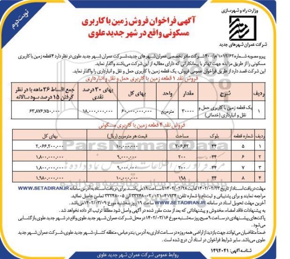 فراخوان فروش زمین با کاربری مسکونی - نوبت دوم