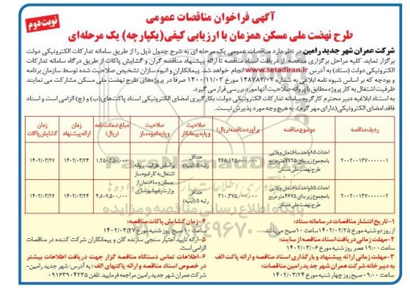مناقصه احداث 85 واحد ساختمان ویلایی .. - نوبت دوم