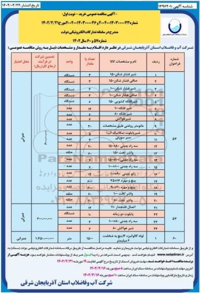 مناقصه عمومی خرید شیر فشارشکن150 ......