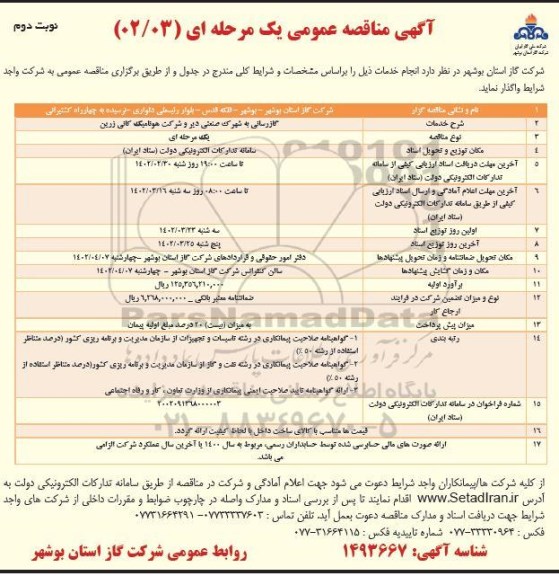 مناقصه گازرسانی به شهرک صنعتی  - نوبت دوم 
