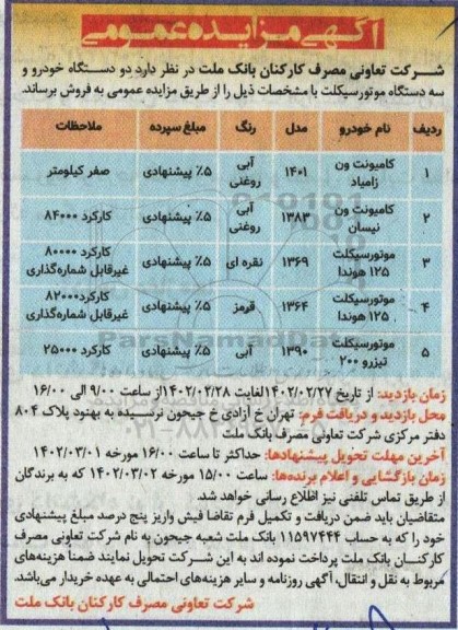مزایده دو دستگاه خودرو و سه دستگاه موتورسیکلت