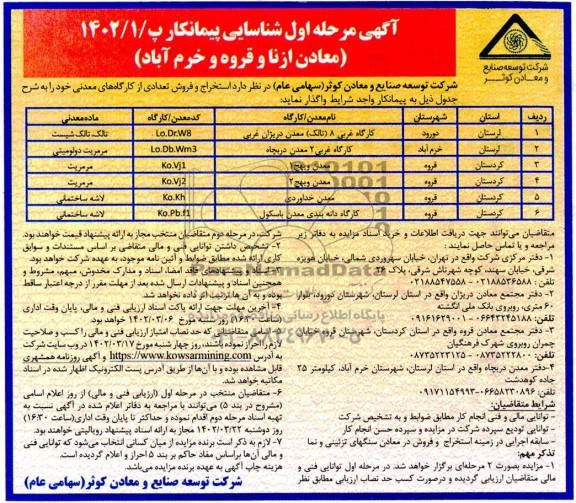  مزایده و مناقصه استخراج و فروش تعدادی از معادن و کارگاه های معدنی