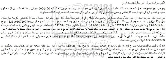 مزایده فروش شش دانگ ملک مسکونی ویلایی یک طبقه