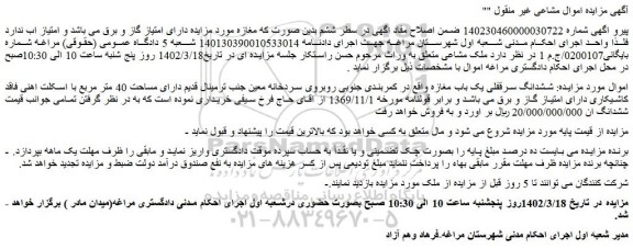 مزایده فروش ششدانگ سرقفلی یک باب مغازه 