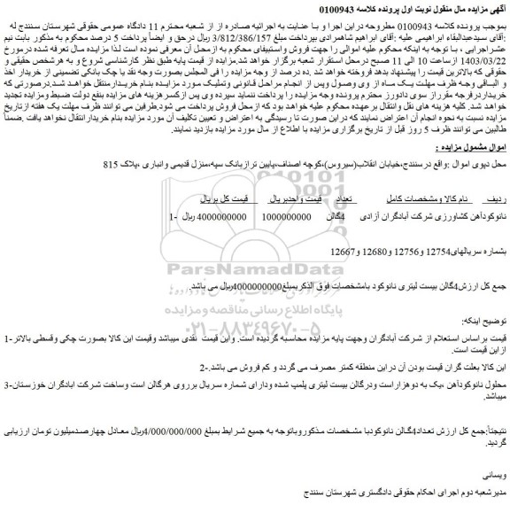 مزایده فروش نانوکودآهن کشاورزی شرکت آبادگران آزادی