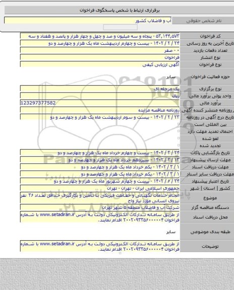 مناقصه, انجام خدمات نگهبانی و حفاظت فیزیکی با تأمین و بکارگیری حداقل تعداد ۳۶ نفر نیروی انسانی مورد نیاز واح