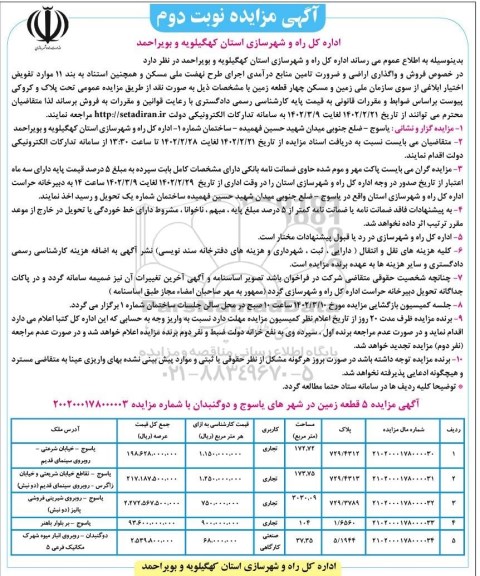 مزایده فروش اراضی با کاربری تجاری و صنعتی کارگاهی - نوبت دوم