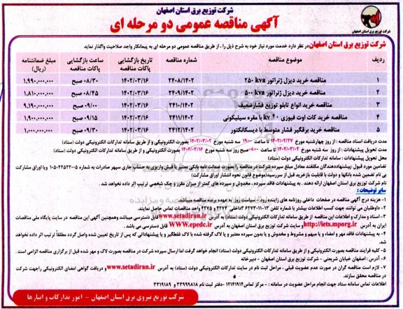 مناقصه خرید دیزل ژنراتور 250 KVA و...