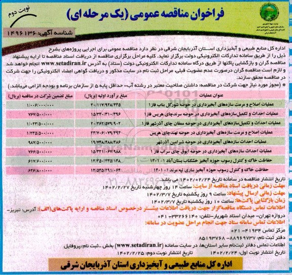 فراخوان مناقصه عملیات اصلاح و مرمت سازه های آبخیزداری ...