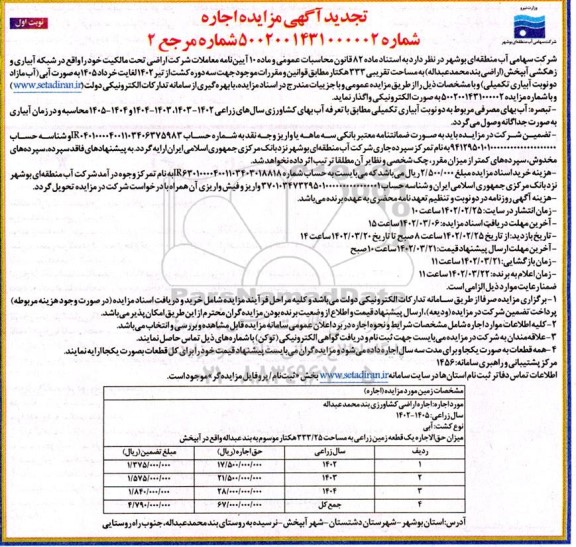 تجدید مزایده اجاره اراضی واقع در شبکه آبیاری و زهکشی آبپخش به مساحت تقریبی 333 هکتار