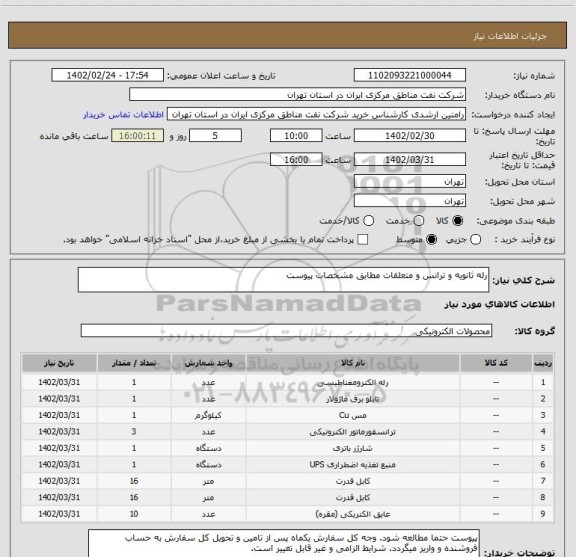 استعلام رله ثانویه و ترانس و متعلقات مطابق مشخصات پیوست