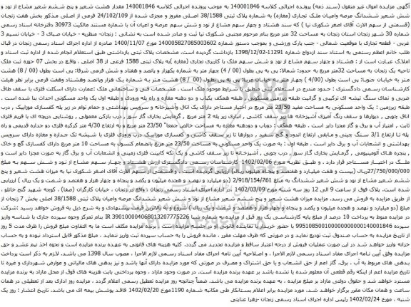 مزایده ششدانگ عرصه واعیان ملک تجاری (مغازه) به شماره پلاک ثبتی 38/1588 اصلی
