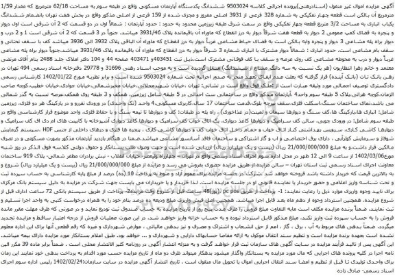 مزایده ششدانگ یکدستگاه آپارتمان مسکونی