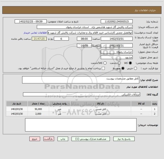 استعلام کابل مطابق مشخصات پیوست