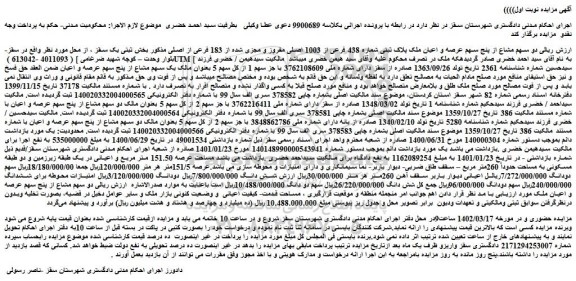 مزایده فروش دو سهم مشاع از پنج سهم عرصه و اعیان ملک پلاک ثبتی شماره 438 فرعی از 1003 اصلی مفروز و مجزی شده از 183 فرعی از اصلی