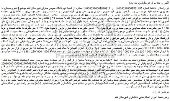 مزایده دو دهنه مغازه تجاری به مساحت 73 ( هفتاد و سه ) متر مربع....