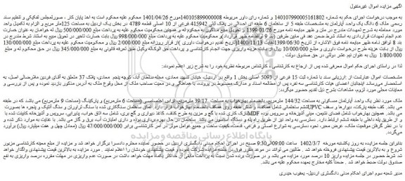 مزایده فروش یک واحد آپارتمان مسکونی به مساحت 144/32 مترمربع 