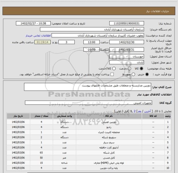 استعلام دوربین مداربسته و متعلقات طبق مشخصات فایلهای پیوست
