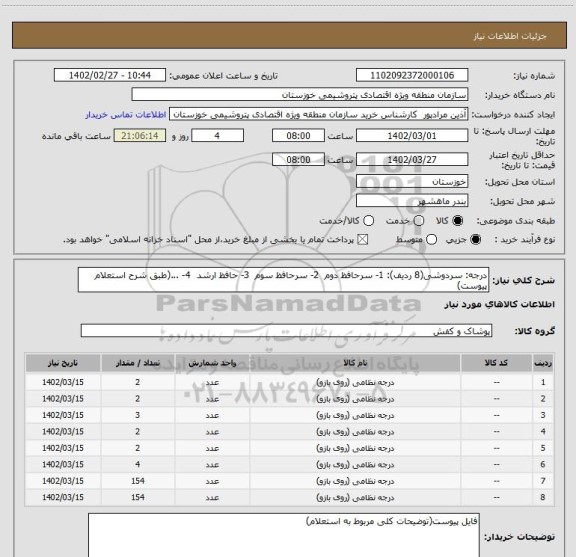 استعلام درجه: سردوشی(8 ردیف): 1- سرحافظ دوم  2- سرحافظ سوم  3- حافظ ارشد  4- ...(طبق شرح استعلام پیوست)