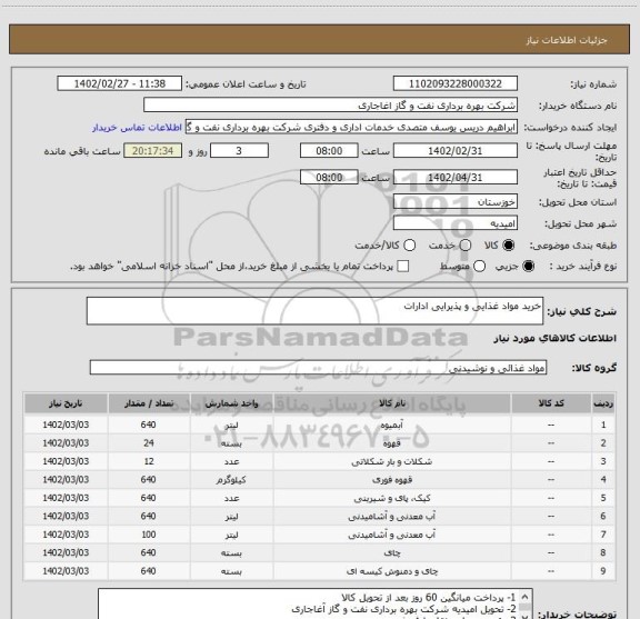 استعلام خرید مواد غذایی و پذیرایی ادارات