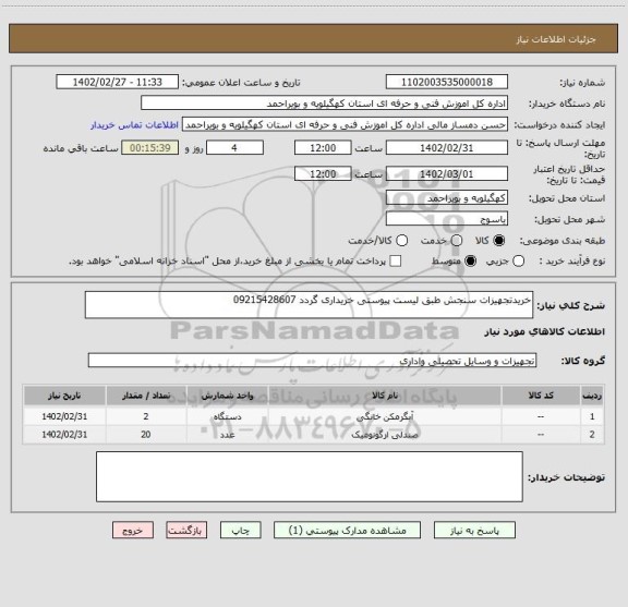 استعلام خریدتجهیزات سنجش طبق لیست پیوستی خریداری گردد 09215428607