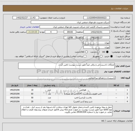 استعلام ابزارآلات تاسیساتی و برقی عیناً طبق لیست پیوست تامین گردد.