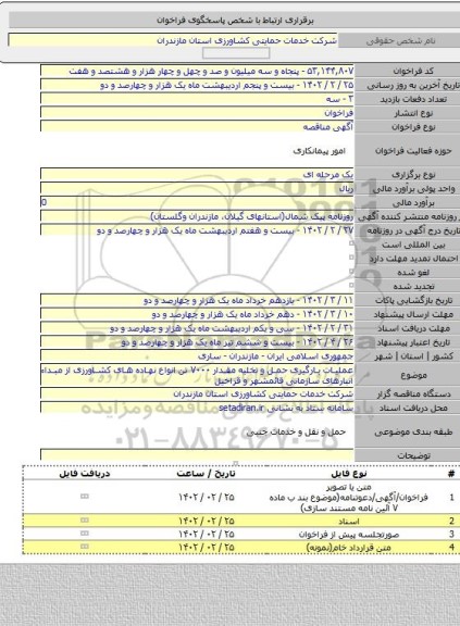 مناقصه, عملیات بارگیری حمل و تخلیه مقدار ۷۰۰۰ تن انواع نهاده های کشاورزی از مبداء انبارهای سازمانی قائمشهر و قراخیل