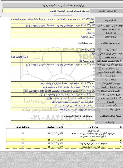 مناقصه, احداث مدرسه ۴ کلاسه روستایی تیگاب قاین