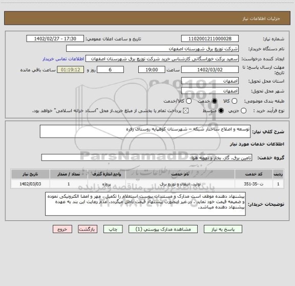 استعلام توسعه و اصلاح ساختار شبکه – شهرستان کوهپایه روستای زفره