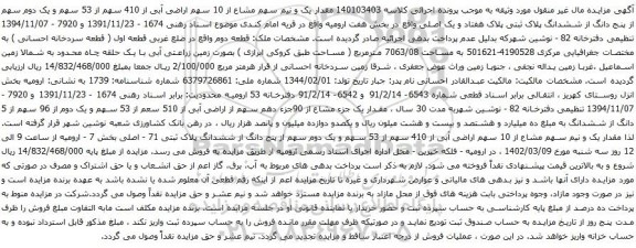 آگهی مزایده مقدار یک و نیم سهم مشاع از 10 سهم اراضی آبی از 410 سهم از 53 سهم و یک دوم سهم