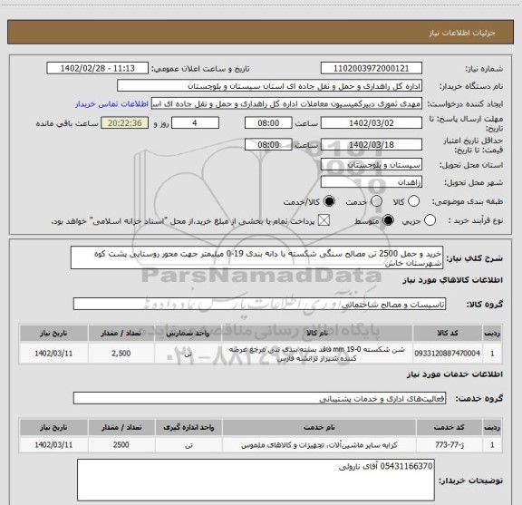 استعلام خرید و حمل 2500 تن مصالح سنگی شکسته با دانه بندی 19-0 میلیمتر جهت محور روستایی پشت کوه شهرستان خاش