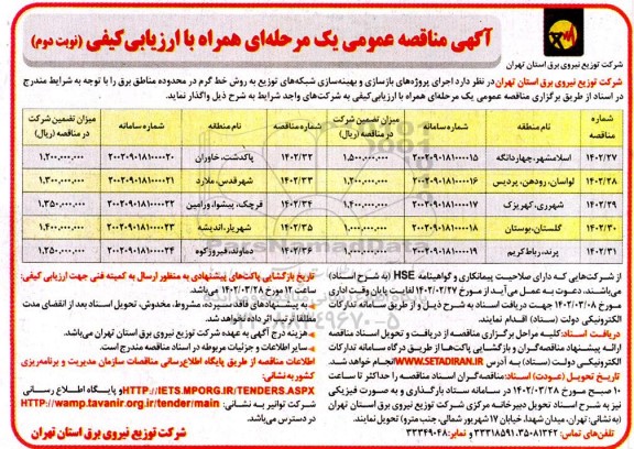 مناقصه اجرای پروژه های بازسازی و بهینه سازی شبکه های توزیع - نوبت دوم