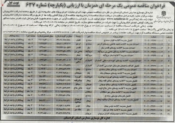 مناقصه تکمیل مدرسه 6 کلاسه ...