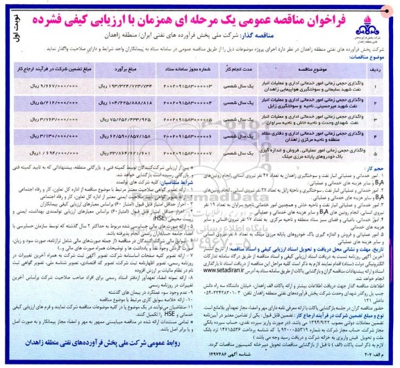 مناقصه واگذاری حجمی زمانی امور خدماتی اداری و عملیات انبار نفت...
