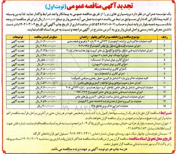 تجدید مناقصه کلیه عملیات خاکبرداری ترانشه .....