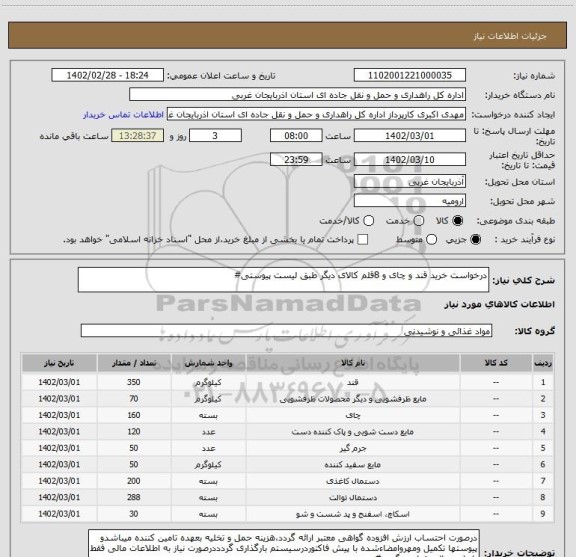 استعلام درخواست خرید قند و چای و 8قلم کالای دیگر طبق لیست پیوستی#
