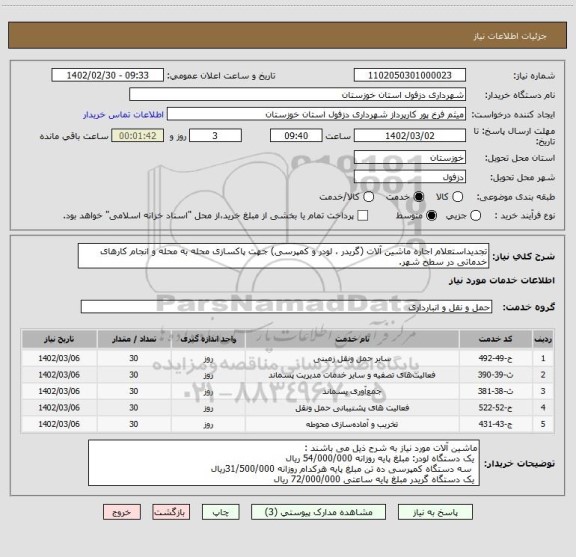 استعلام تجدیداستعلام اجاره ماشین آلات (گریدر ، لودر و کمپرسی) جهت پاکسازی محله به محله و انجام کارهای خدماتی در سطح شهر.
